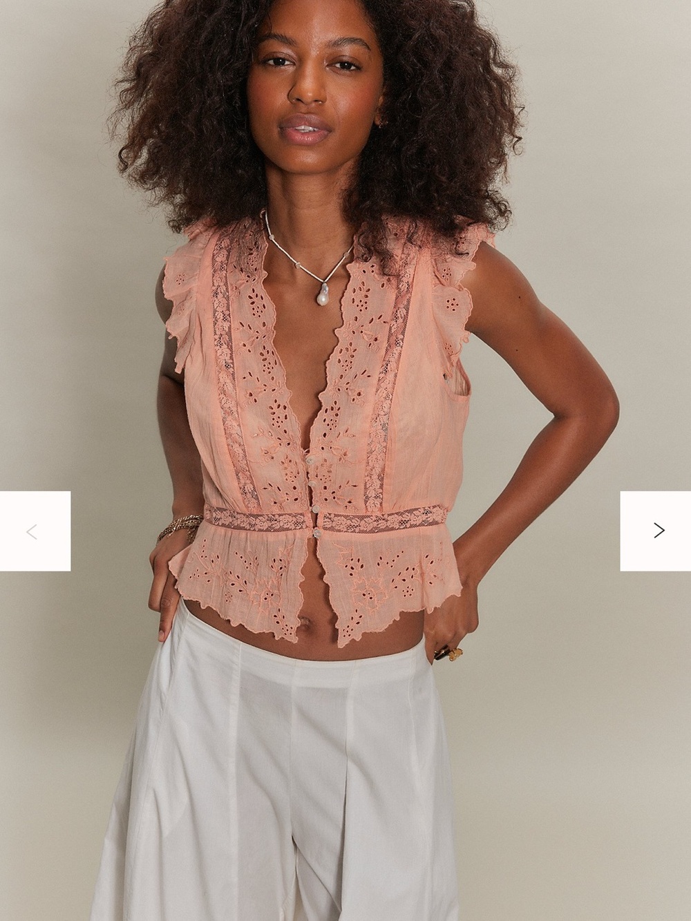 Free People Peach Eyelet Ruffle Vest Top